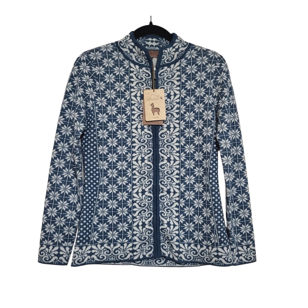 Classic Alpaca Womens S NWT Nordic Fair Isle Baby Alpaca Zip Cardigan Blue - Picture 2 of 10